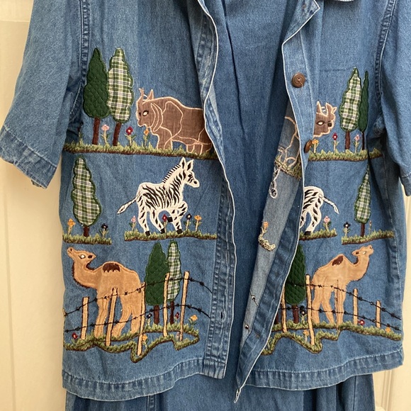 Vintage Embroidered Floral Blue Jean Cotton Denim Maxi Dress XLarge 90s - Picture 5 of 17